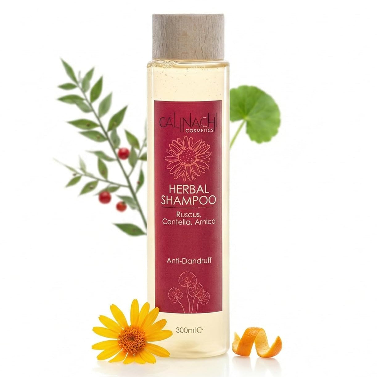 Herbal shampoo bottle with flowers and leaves on a white background