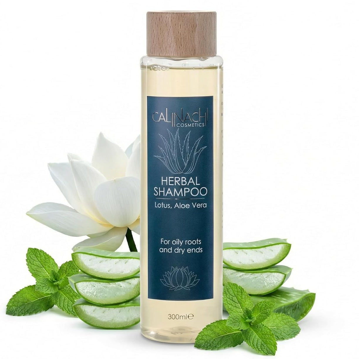 Herbal shampoo bottle with aloe vera leaves and mint leaves on a white background