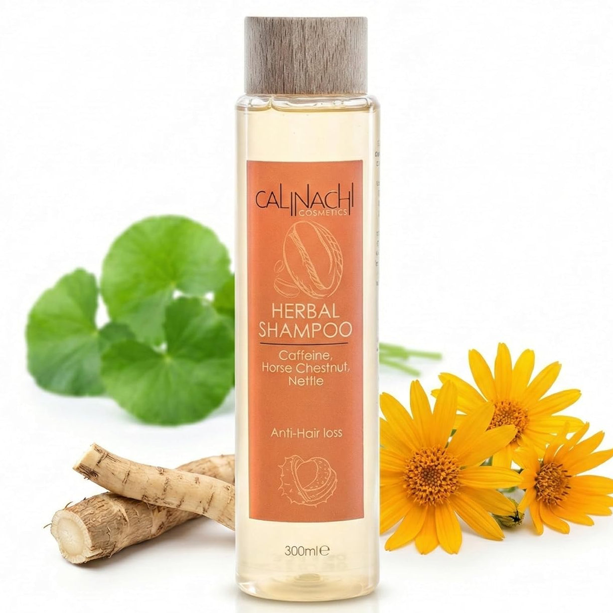 Herbal shampoo bottle with natural ingredients on a white background