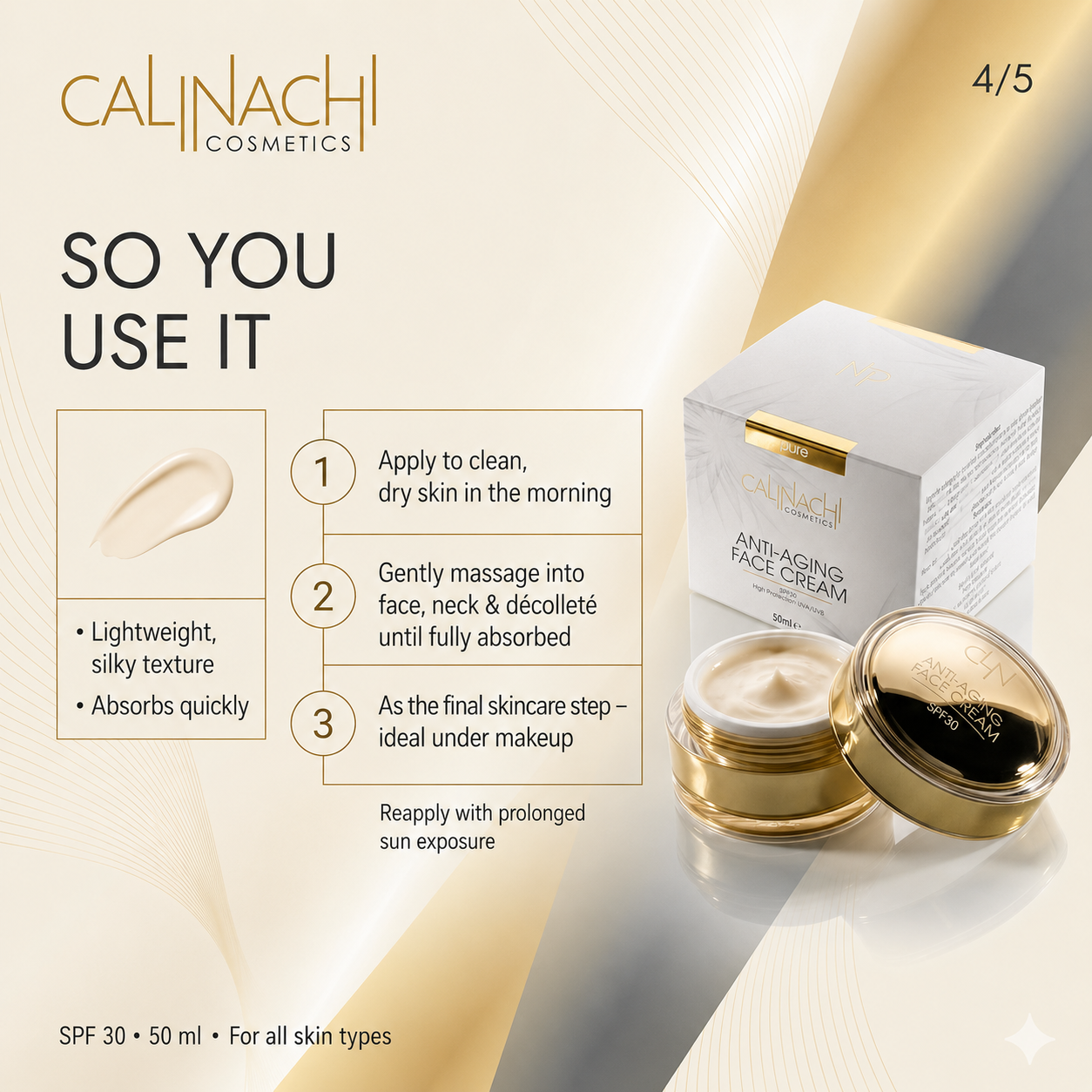 Anti-aging Day Face Cream for Face, Neck, and Décolletage, SPF30, 50ml. skincare CALINACHI Cosmetics