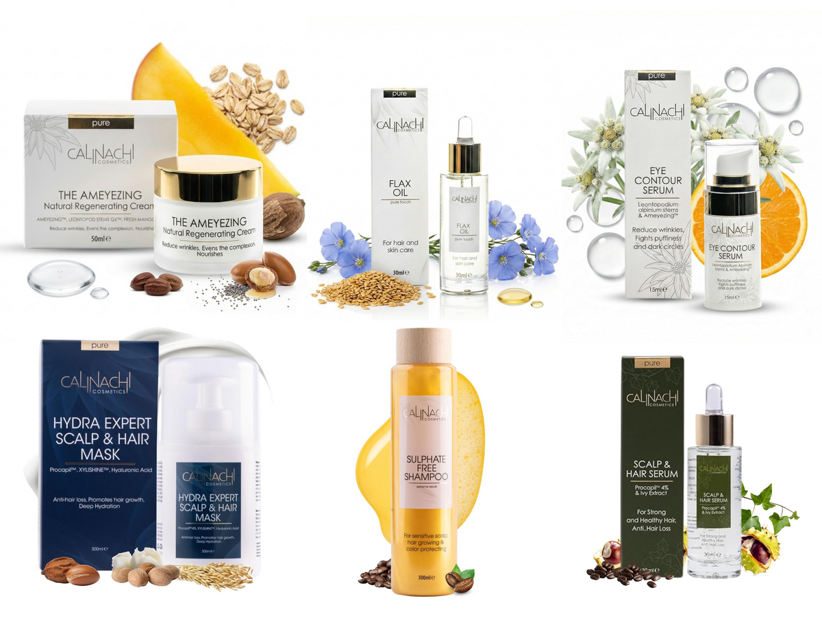 Collection of Calmich skincare and hair care products on a white background