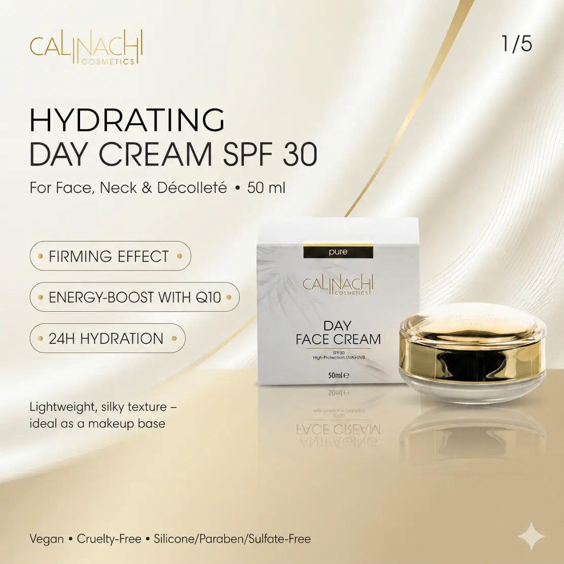 Hydrating Day Cream for Face, Neck, and Décolletage, SPF30, 50ml. skincare CALINACHI Cosmetics